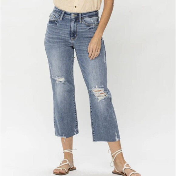 Judy Blue Wide Leg Crop Jeans Ripped Grunge Raw Hem High Rise Denim Blue 26 - Picture 1 of 10
